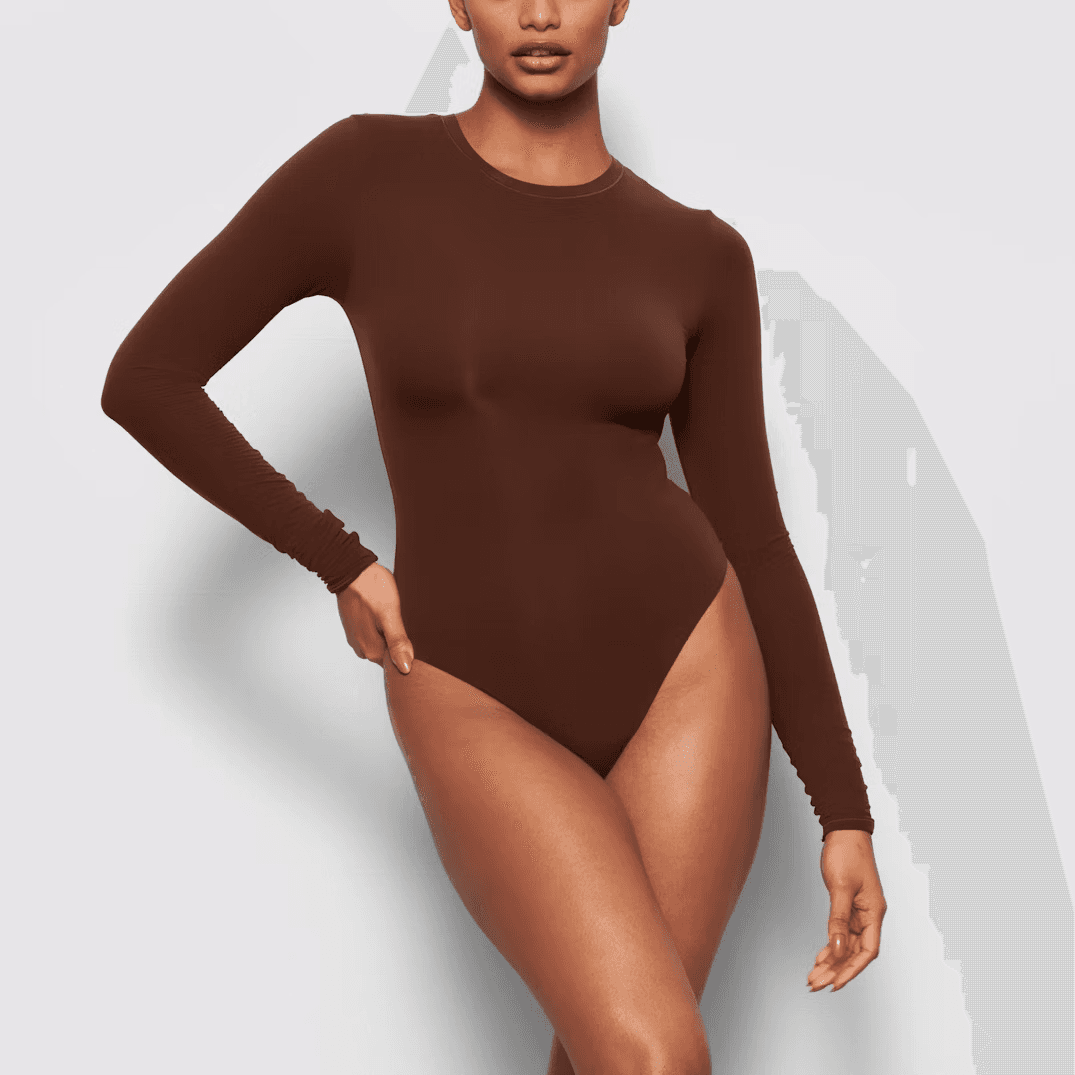 Cotton Bodysuit مرن بأكمام طويلة باللون البني الداكن