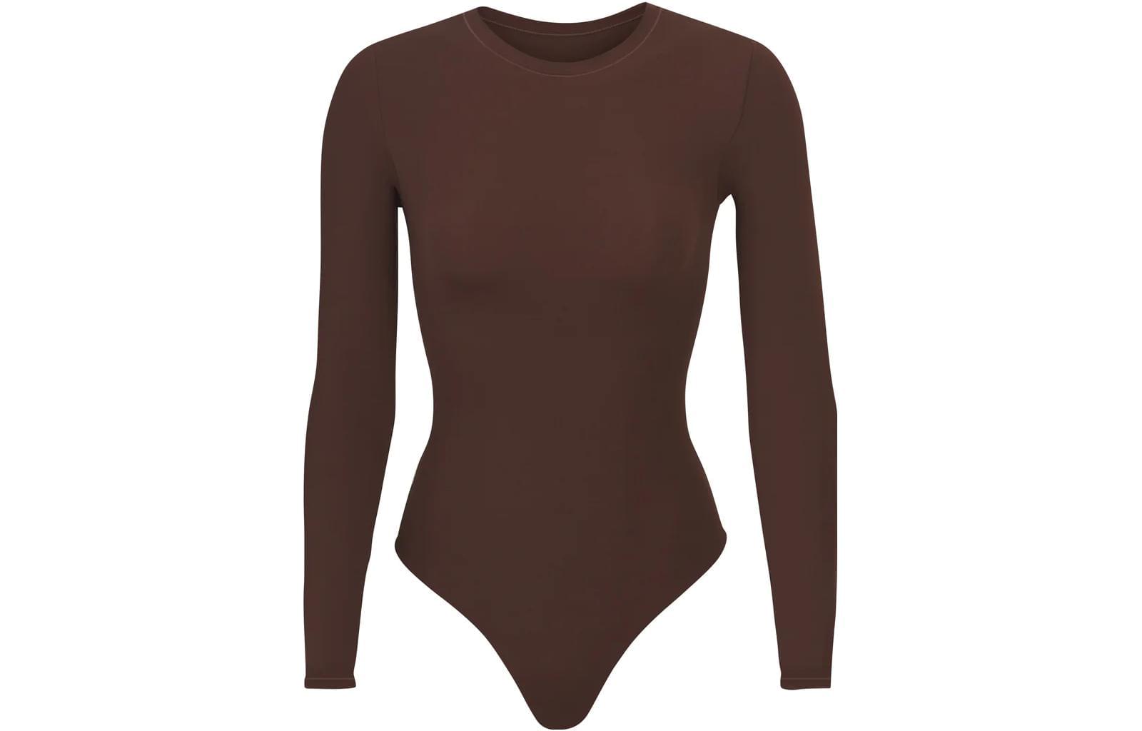 Cotton Bodysuit مرن بأكمام طويلة باللون البني الداكن