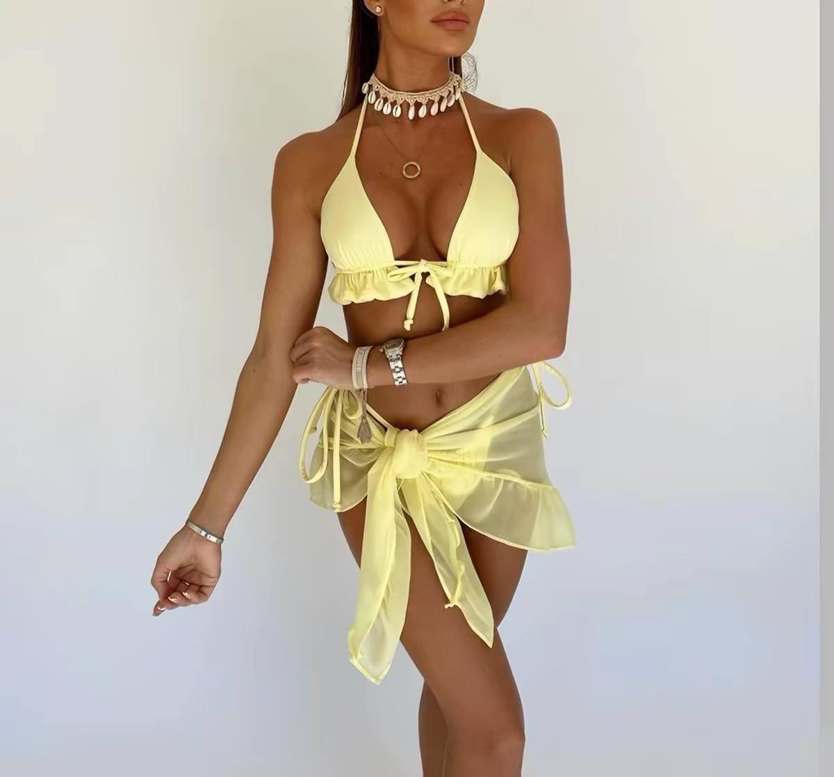 طقم Swimwear بكيني 3 قطع بكشكش وتنورة شيفون ناعمة