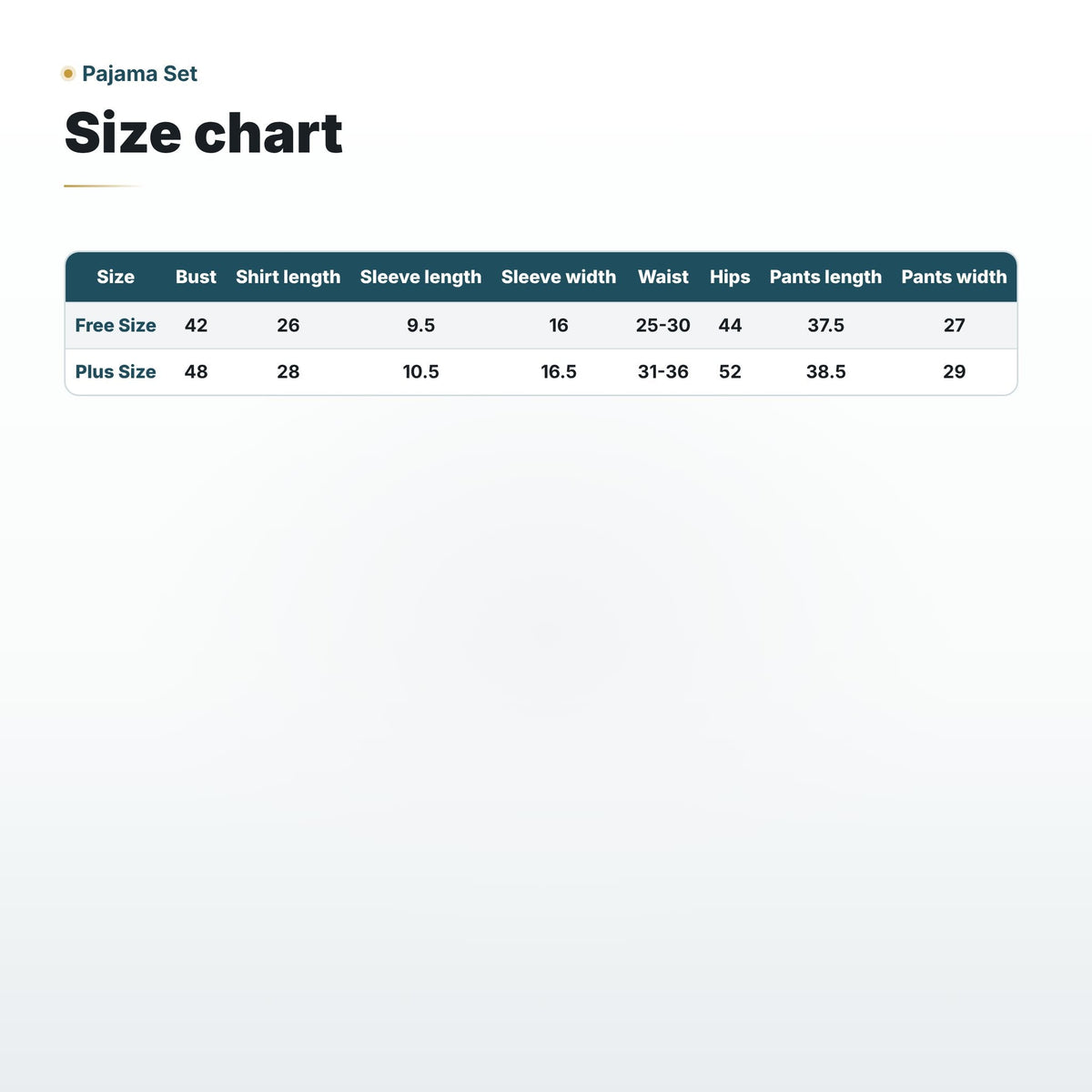 Size chart photo of the striped pajama set with shirt and pants measurements