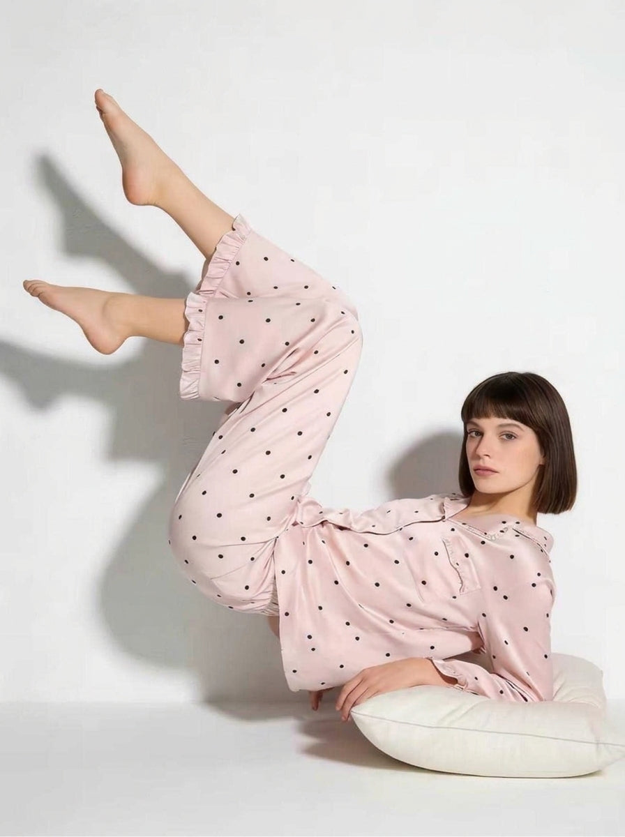 Two piece pajama set shown in another printed colorway