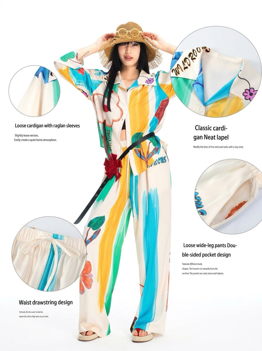 Painted floral pajama set with wide leg trousers and an elastic drawstring waist