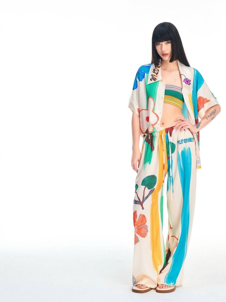 Multicolor floral loungewear set for women shown as a two-piece shirt and pants