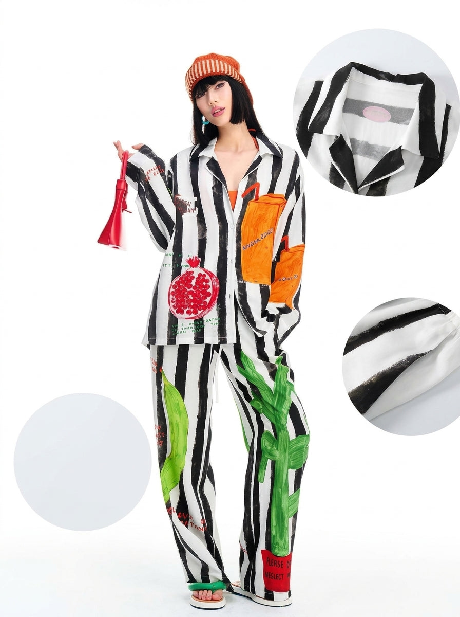 Striped button-up pajama set for women in a wide leg trouser style