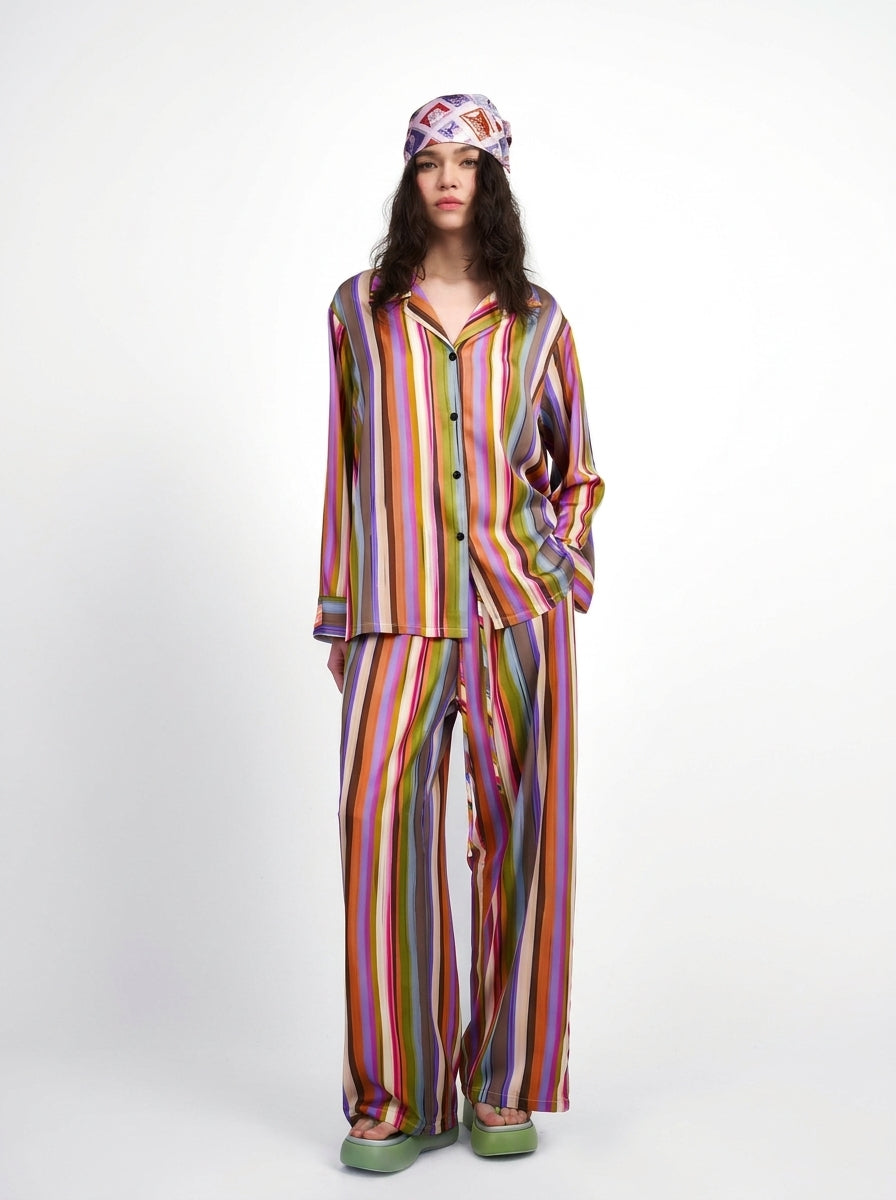 Two-piece striped pajama set with long sleeves and wide straight legs, additional view
