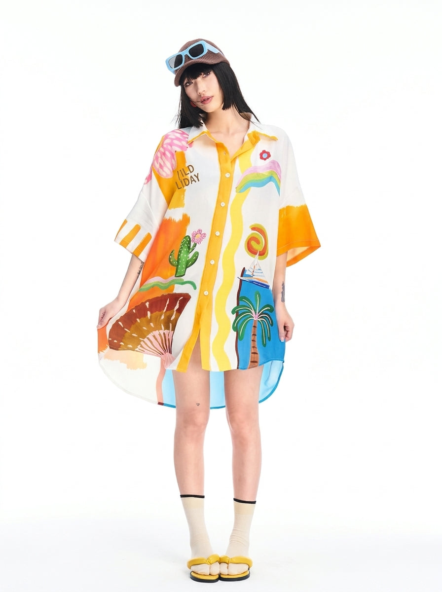 Short-sleeve holiday print shirt dress for lounging and sleep
