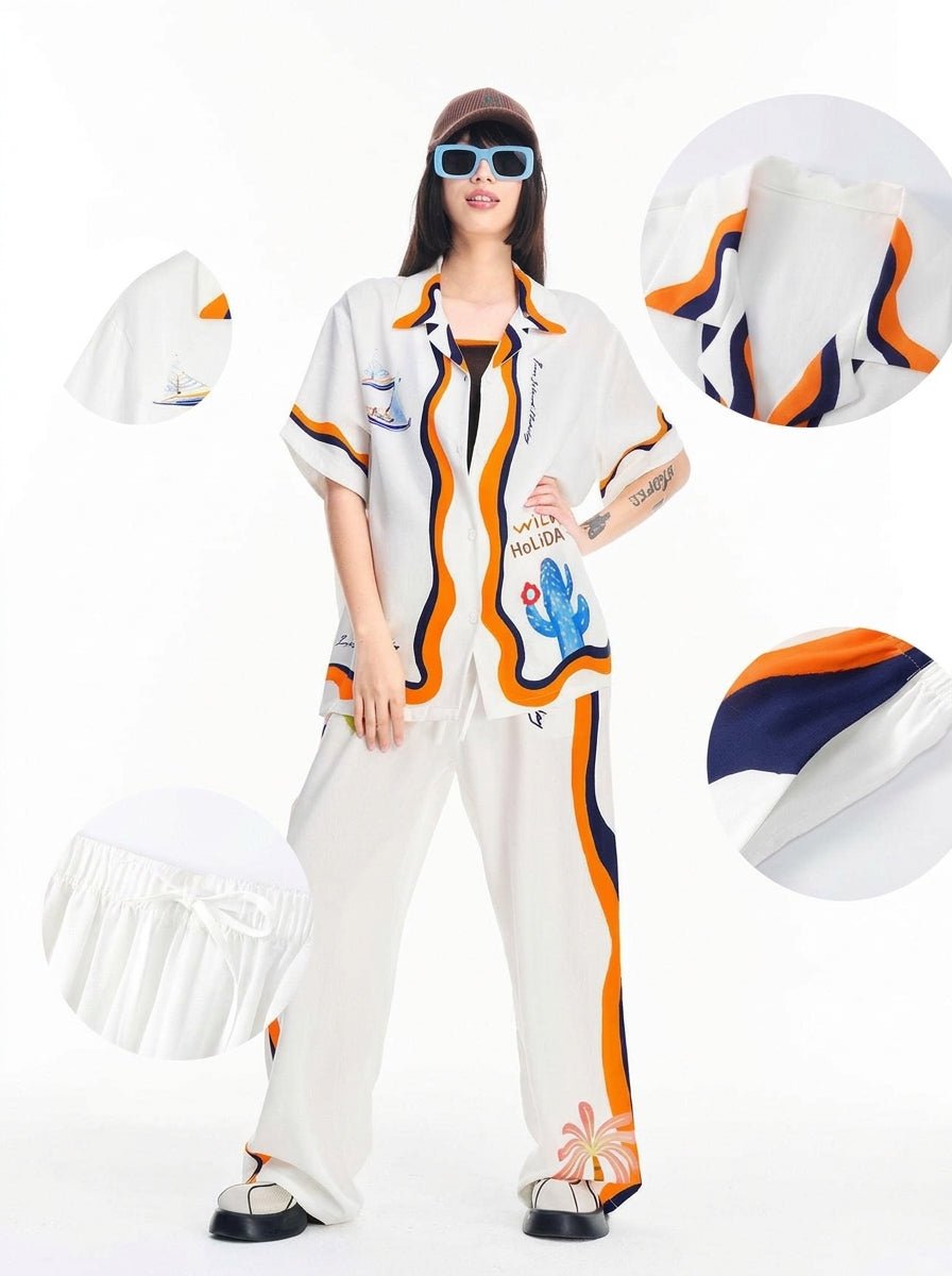 White womens loungewear set with wavy stripe print, shirt and matching pants