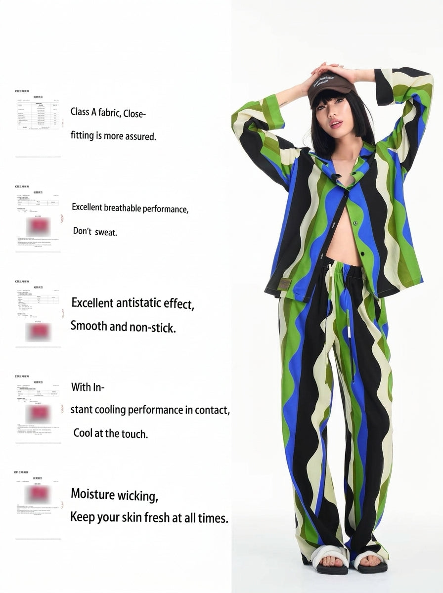 Two-piece wave print sleepwear set, long-sleeve shirt and pants, Black waves