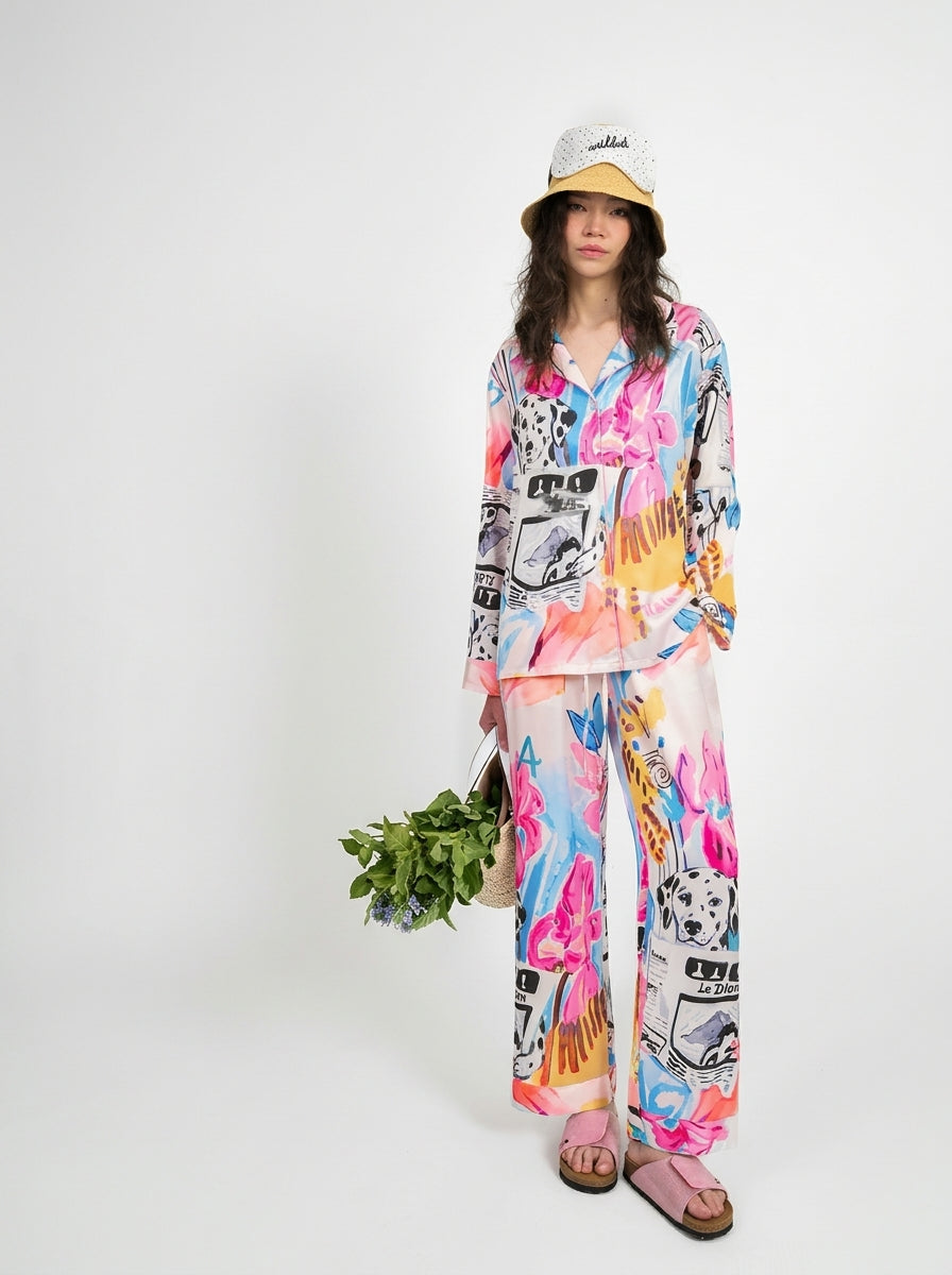 Wide leg pants from the women's pink dalmatian print pajama set