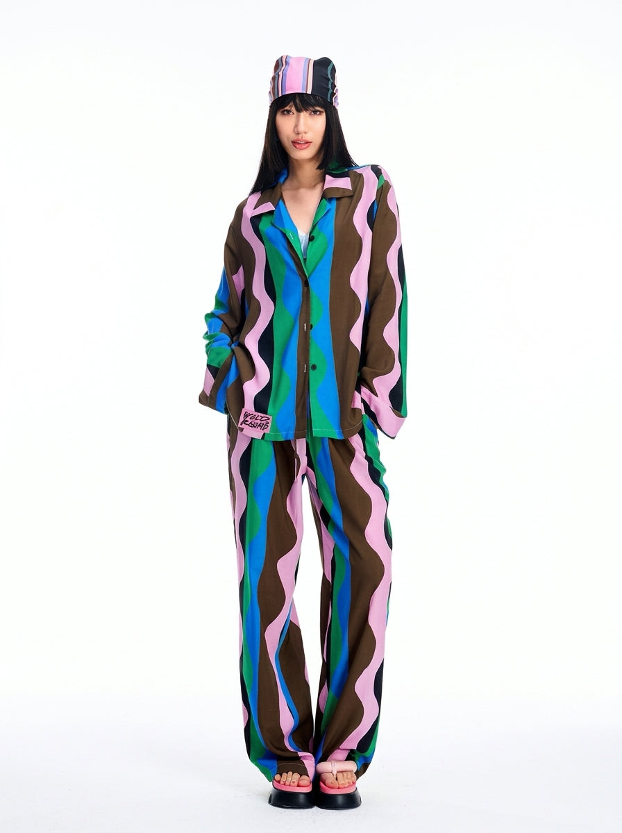 Brown waves wave print loungewear, shirt and pants set for women