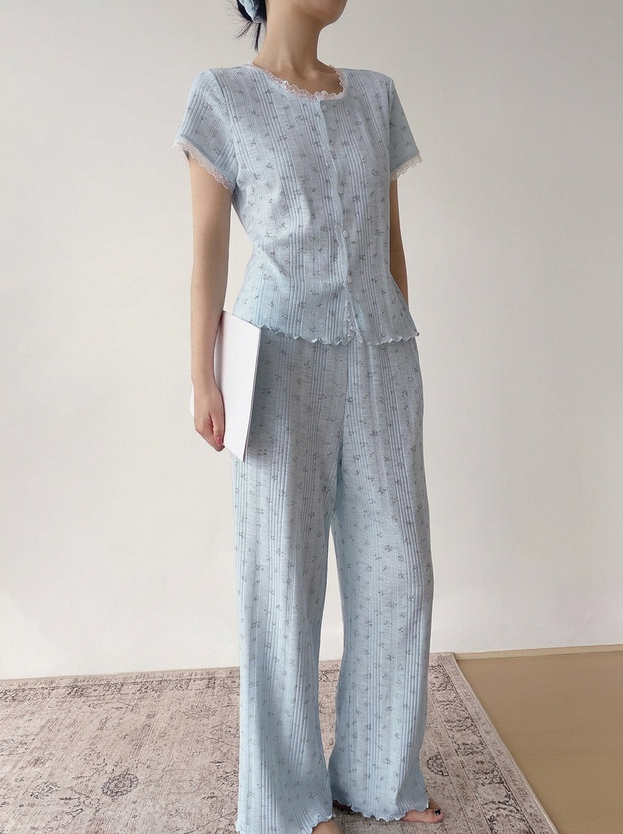 Floral ribbed pajama set with short-sleeve button-front shirt and wide-leg pajama pants