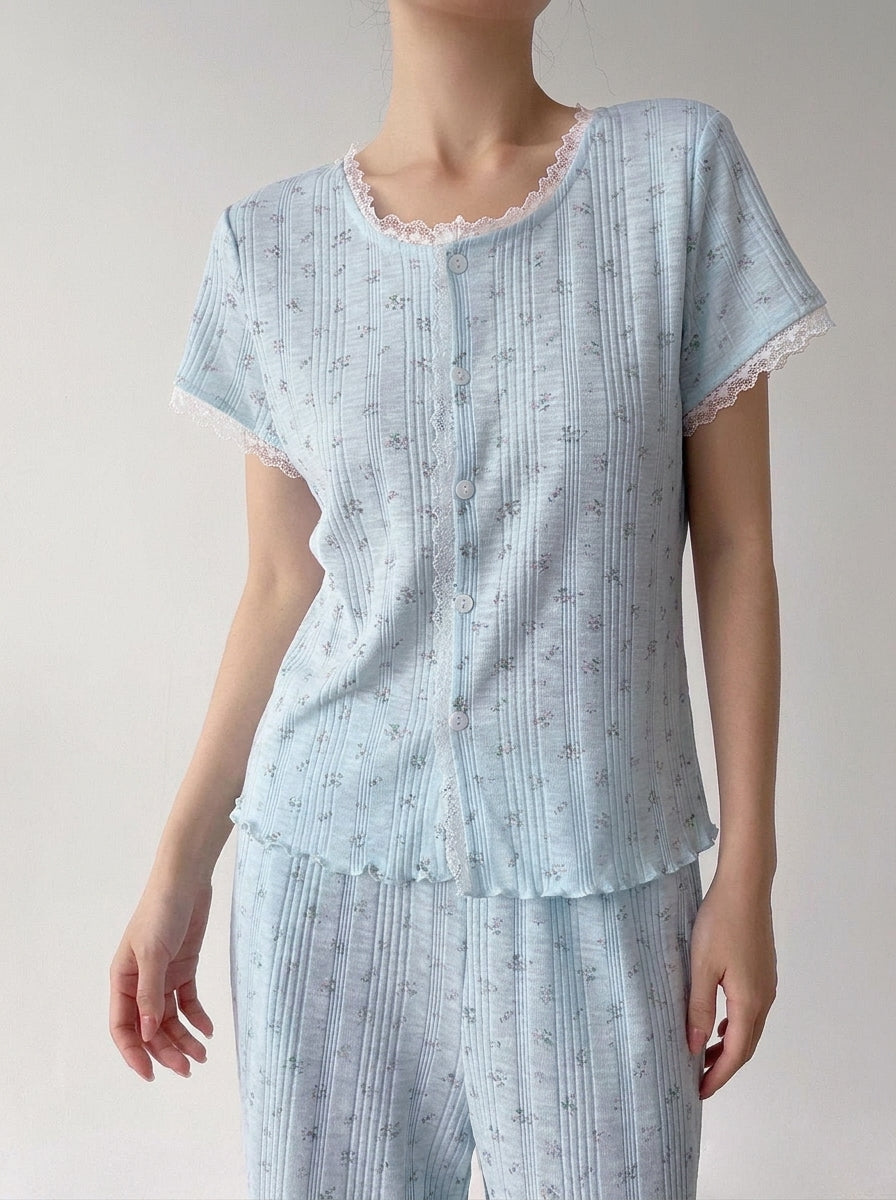 Floral ribbed pajama set shown in one of its two colorways