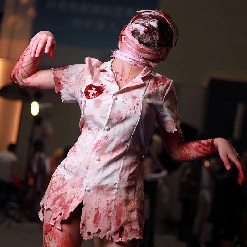Women's torn white nurse costume with blood stains and wrapped face mask as Halloween cosplay costumes