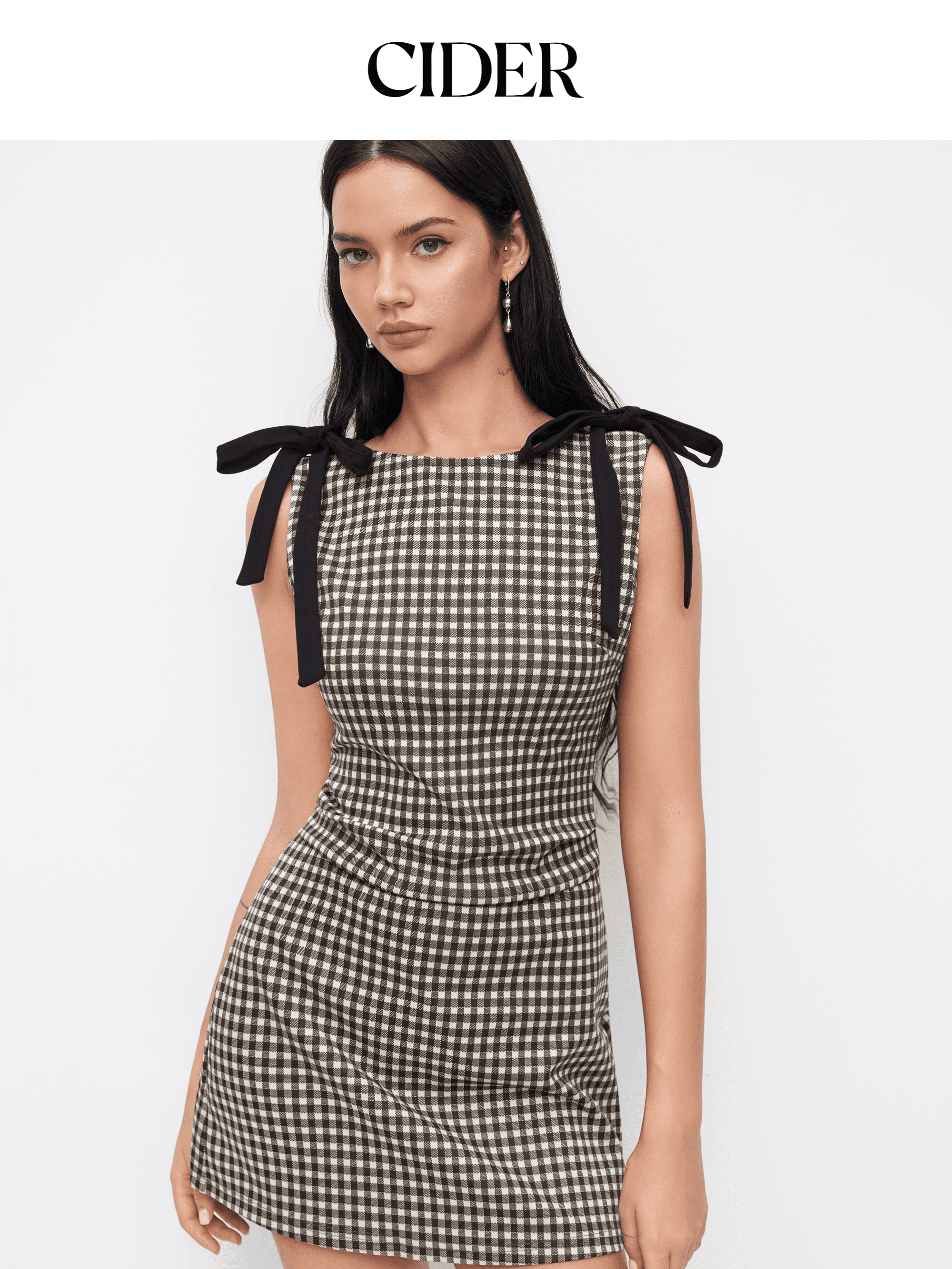 فستان سايدر كاروهات CIDER Bow-Detail Gingham Mini Dress | فستان ميني بنقشة المربعات وأربطة فيونكة على الكتف ✨ أسلوب فرنسي أنيق