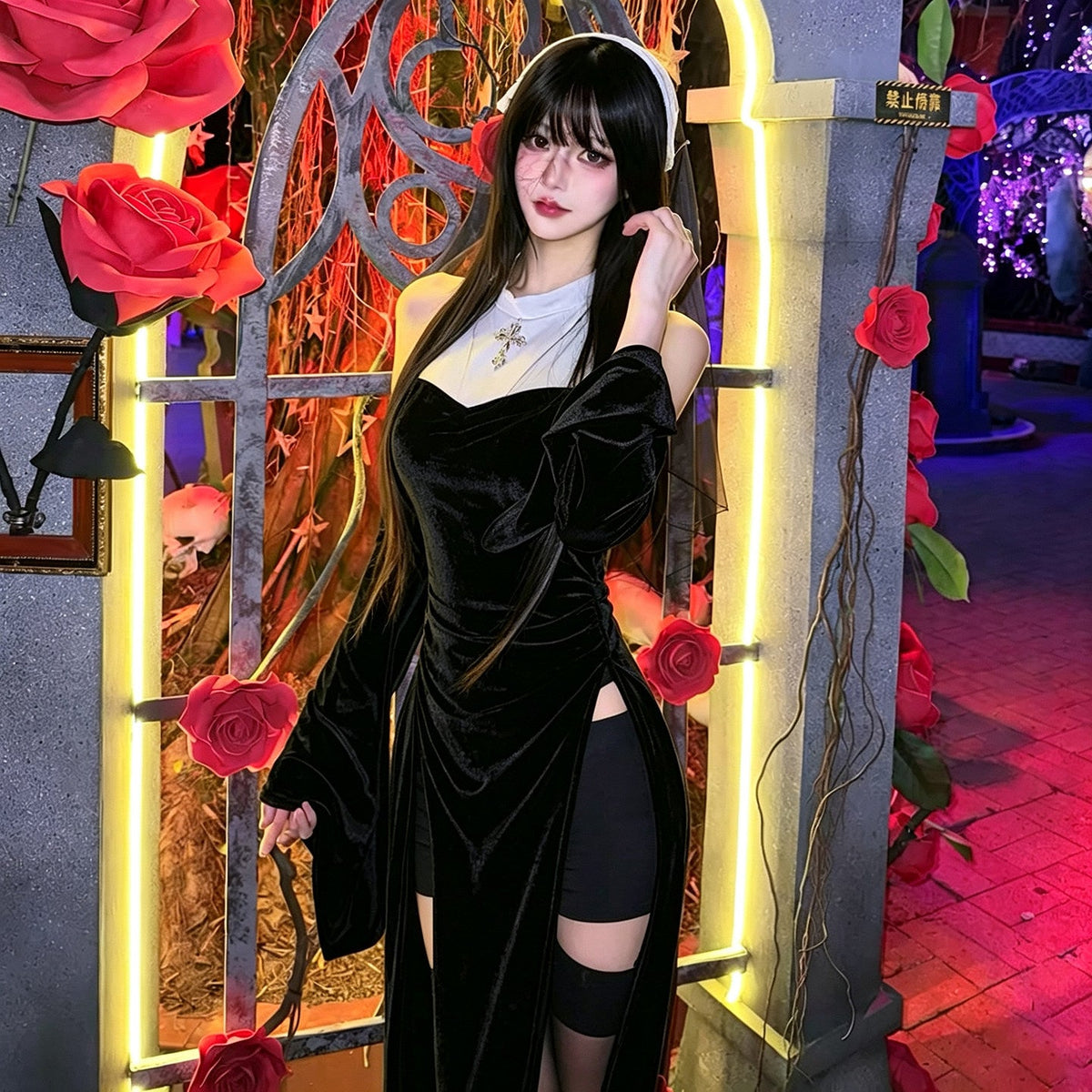 Black velvet long-sleeve dress with white collar and headband featuring a cross detail, part of Nun costumes for adults.