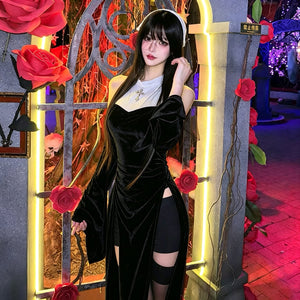 Black velvet long-sleeve dress with white collar and headband featuring a cross detail, part of Nun costumes for adults.