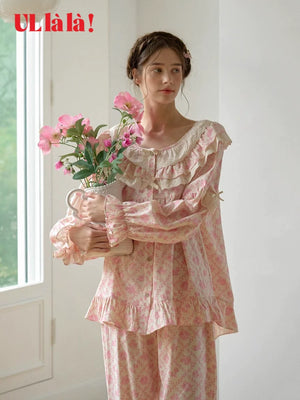 Ullala Korean imported loungewear spring and summer pure cotton sweet doll collar floral long sleeve crew neck pajama set thin