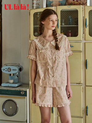 Ullala [Annie collaboration] Korean sweet floral doll collar pajamas for women, summer thin pure cotton loungewear set