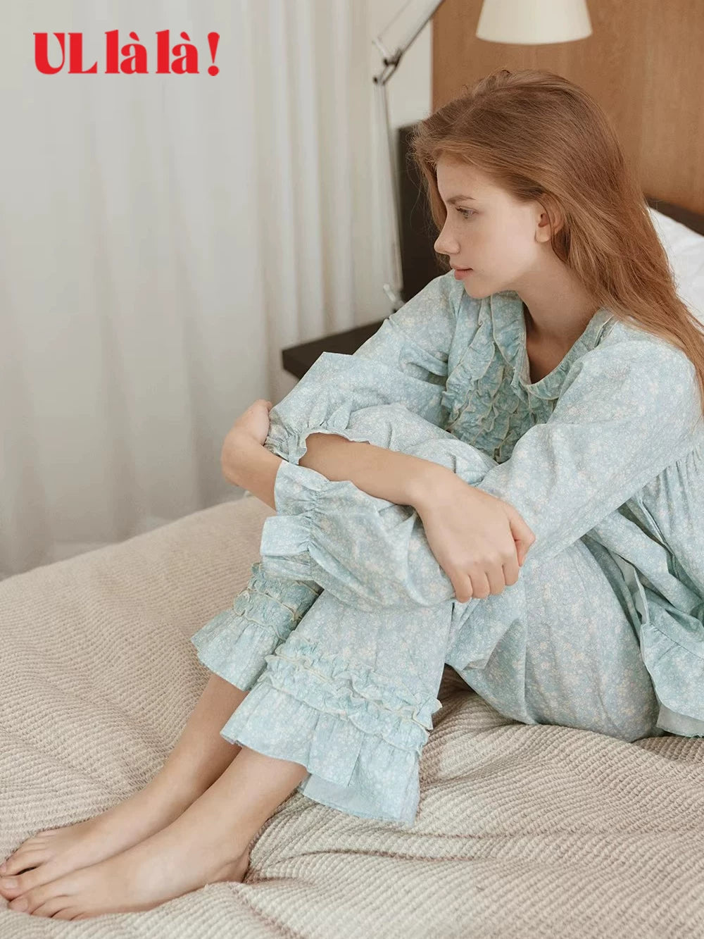 Ullala Korean imported sweet lace pure cotton doll neck long sleeve fresh pajamas women's spring and summer loungewear set