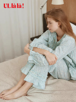 Ullala Korean imported sweet lace pure cotton doll neck long sleeve fresh pajamas women's spring and summer loungewear set