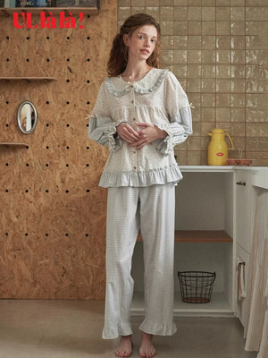 Ullala pajamas spring and summer cotton sweet stitching doll collar long sleeve loungewear set thin Korean imported women