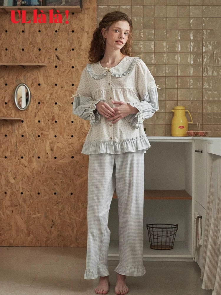 Ullala pajamas spring and summer cotton sweet stitching doll collar long sleeve loungewear set thin Korean imported women