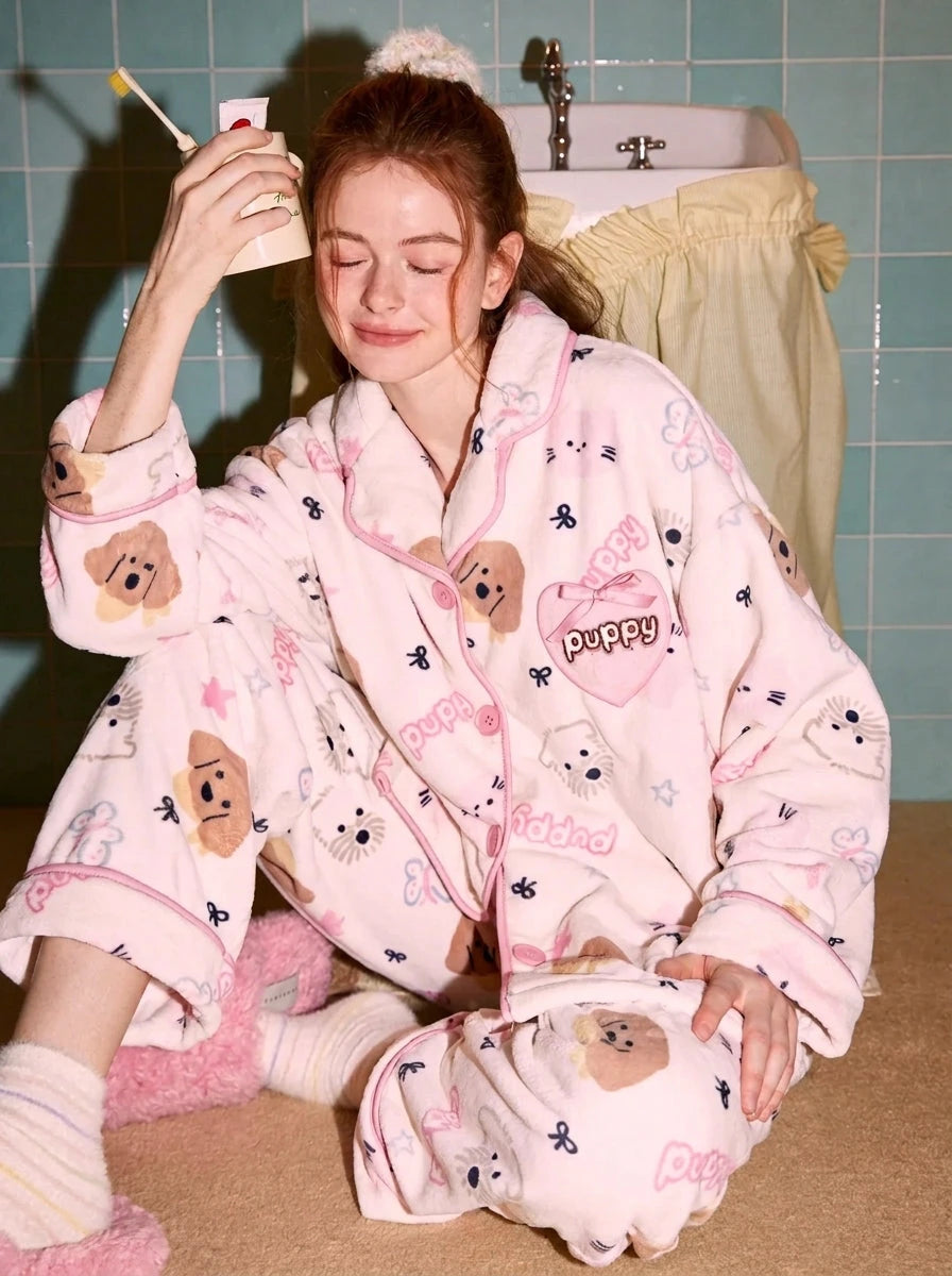 Milk fleece lapel pajama set in light pink with dog and cat print