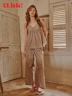 ULLALA Summer Thin Chest Padded Wide-Leg Korean Women's Loungewear Set Floral Cotton Suspenders