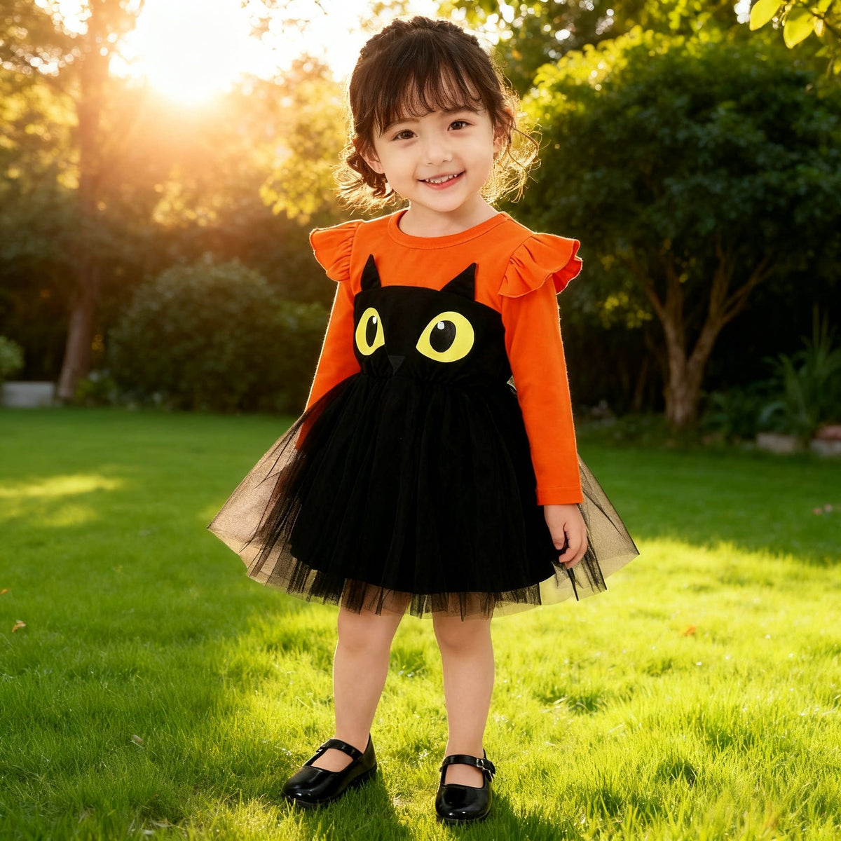 Baby girl halloween costume featuring an orange long sleeve top with ruffle shoulders and a black tulle skirt with cartoon cat eyes design.