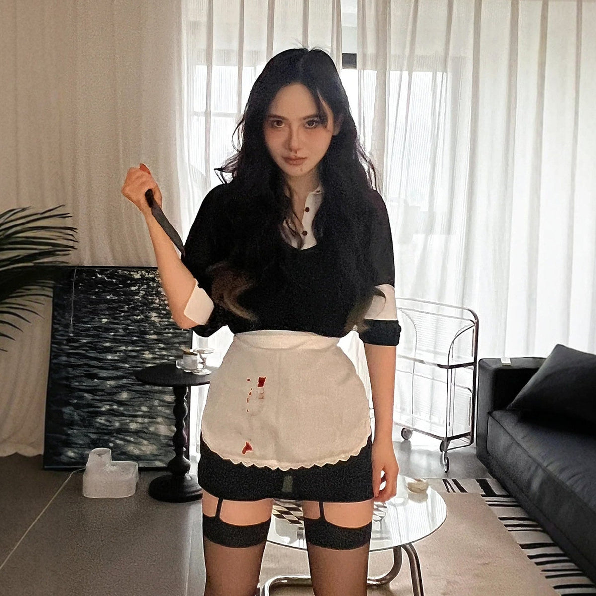 Halloween Dress Up black and white housemaid uniform dress with bloodstains and garter straps, horror cosplay costume