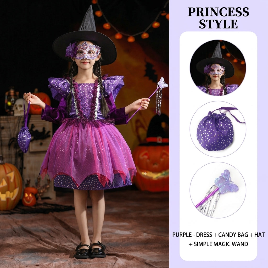 Velvet and tulle witch costume dress for girls in purple