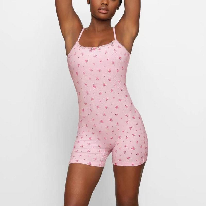 Cotton Bodysuit وردي مريح بنقشة زهور ناعمة ودانتيل