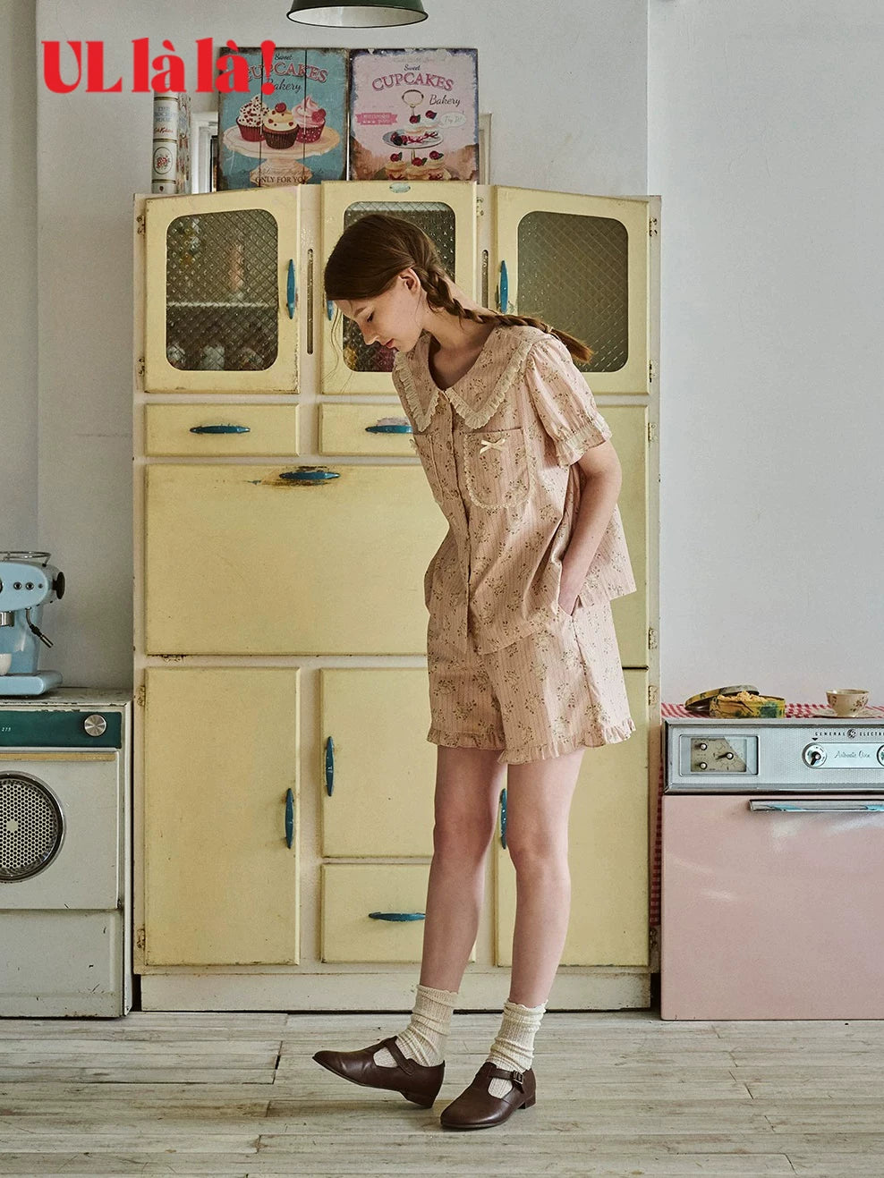 Ullala [Annie collaboration] Korean sweet floral doll collar pajamas for women, summer thin pure cotton loungewear set