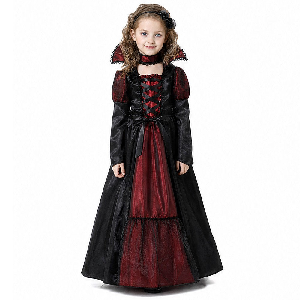 Girls' Halloween children's costumes in black and dark red satin with lace-up bodice and high collar for vampire cosplay.