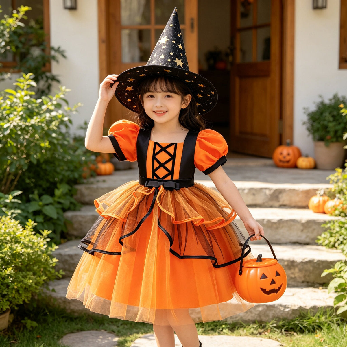 Halloween children's costume with orange and black pumpkin princess dress featuring puff sleeves, layered tulle skirt, and star-patterned witch hat
