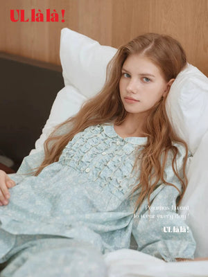 Ullala Korean imported sweet lace pure cotton doll neck long sleeve fresh pajamas women's spring and summer loungewear set