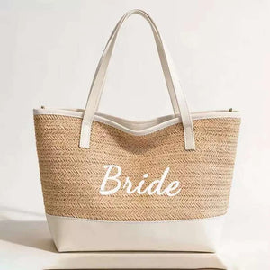 Cross-border Bride Bride straw woven tote bag, large capacity seaside beach bag, bachelorette party woven handbag