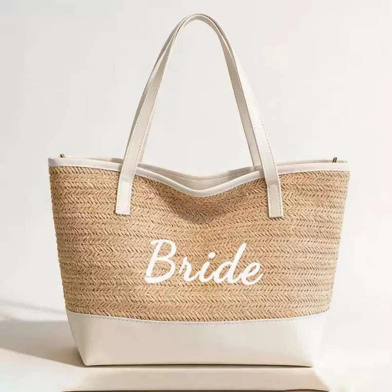 Cross-border Bride Bride straw woven tote bag, large capacity seaside beach bag, bachelorette party woven handbag