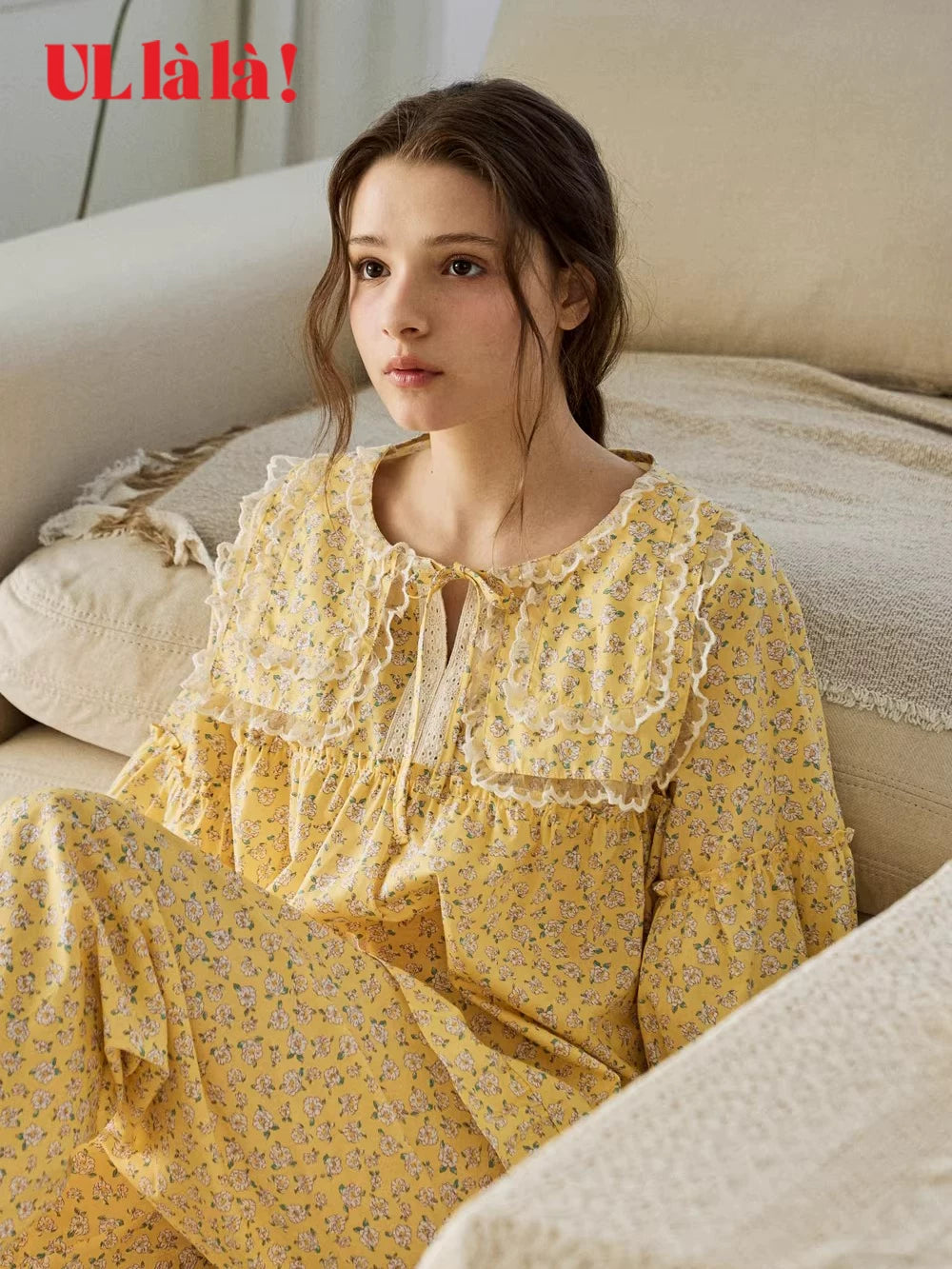 Ullala Korean Ulala pure cotton three-quarter sleeve long pants pajama set for women's spring/summer loungewear with loose doll collar
