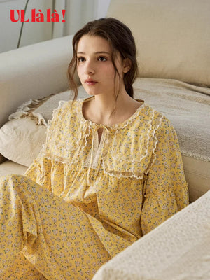Ullala Korean Ulala pure cotton three-quarter sleeve long pants pajama set for women's spring/summer loungewear with loose doll collar