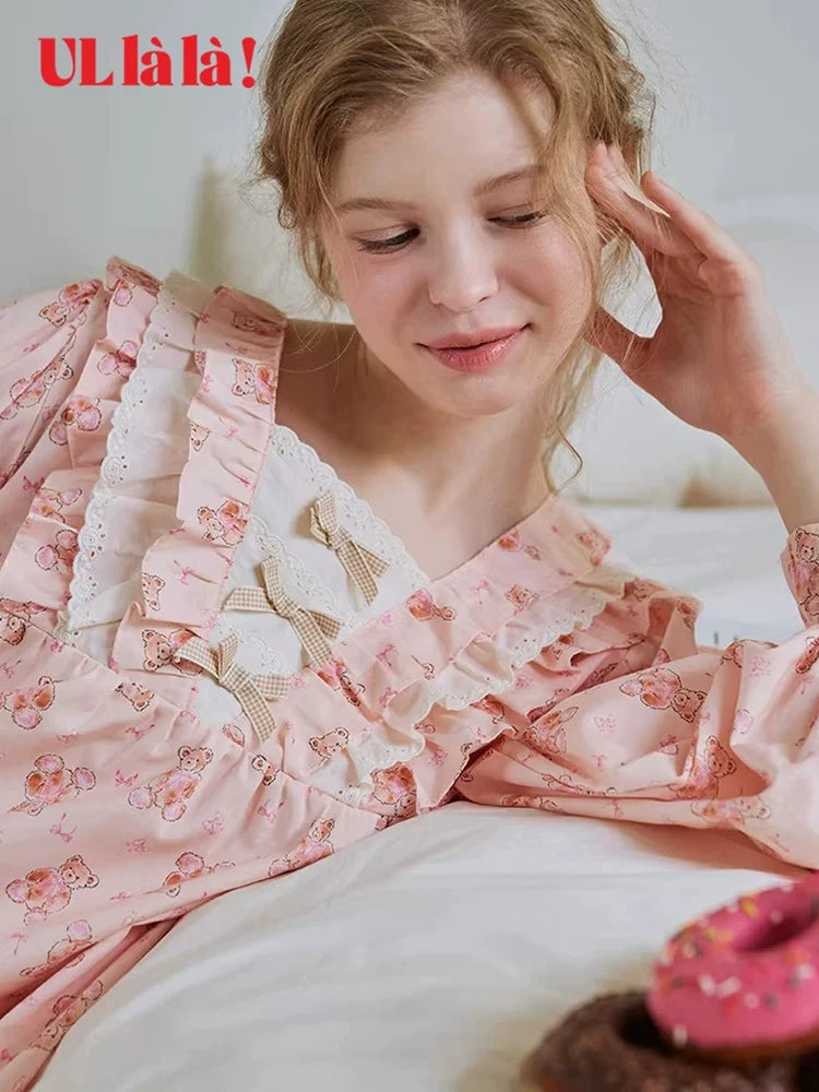 Ullala imported sweet bear print pajamas for women, long-sleeve long pants, pink loungewear, pure cotton set