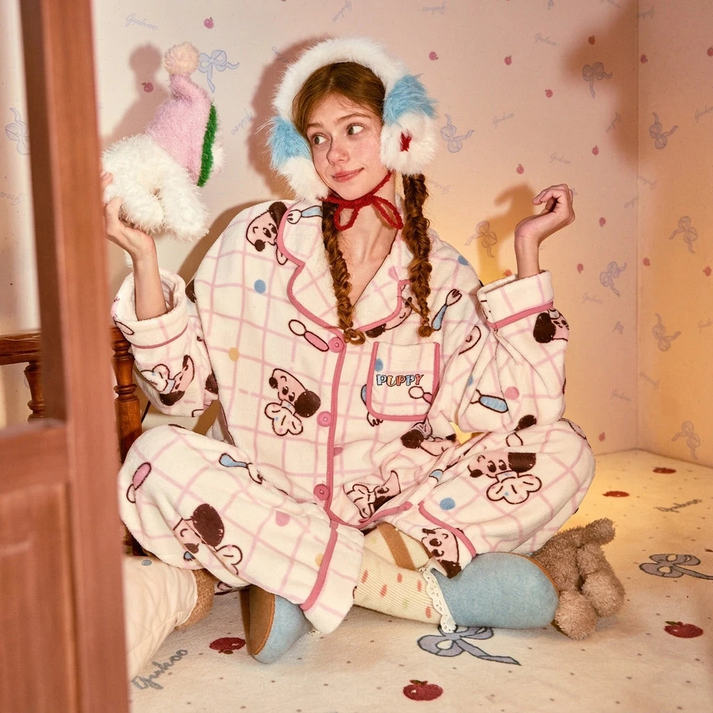Milk fleece lapel pajama set in Blue Snoopy print