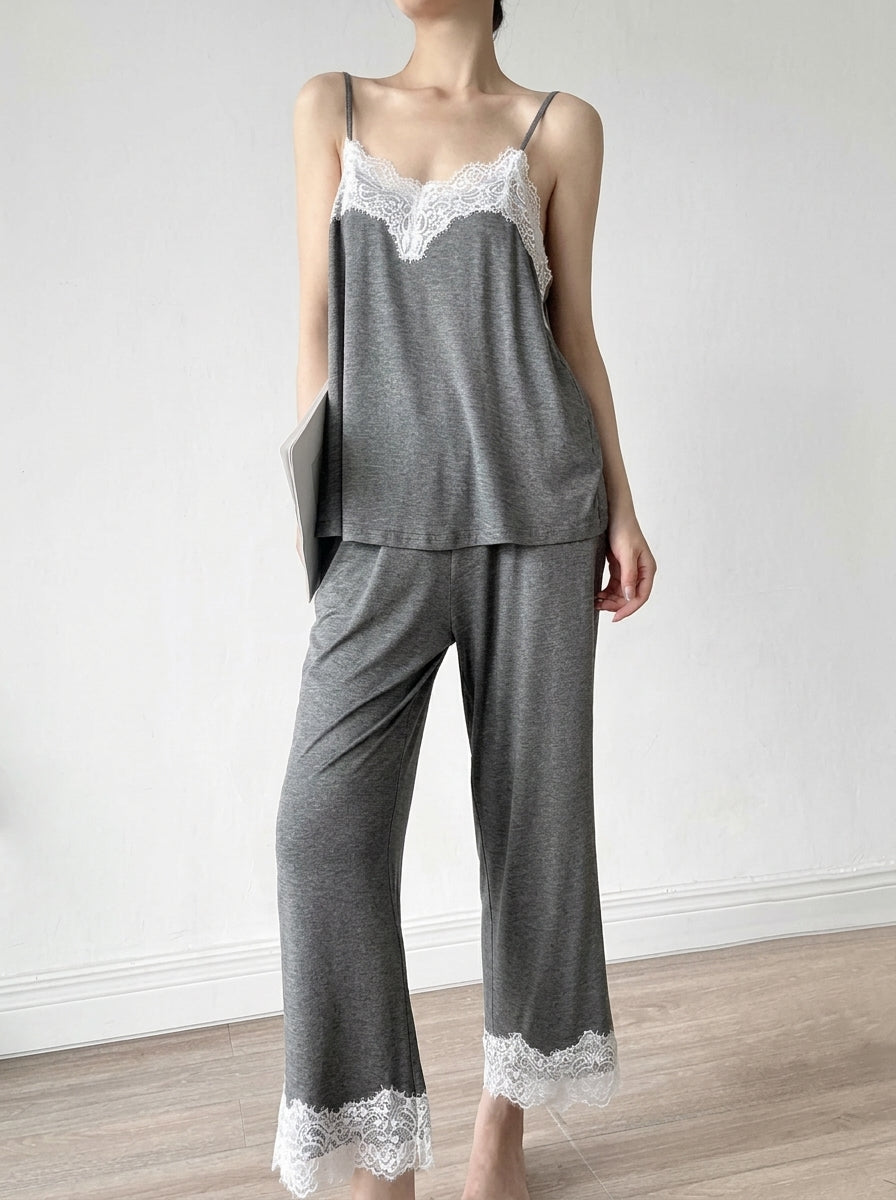 Black camisole and cropped pants pajama set with white lace trim