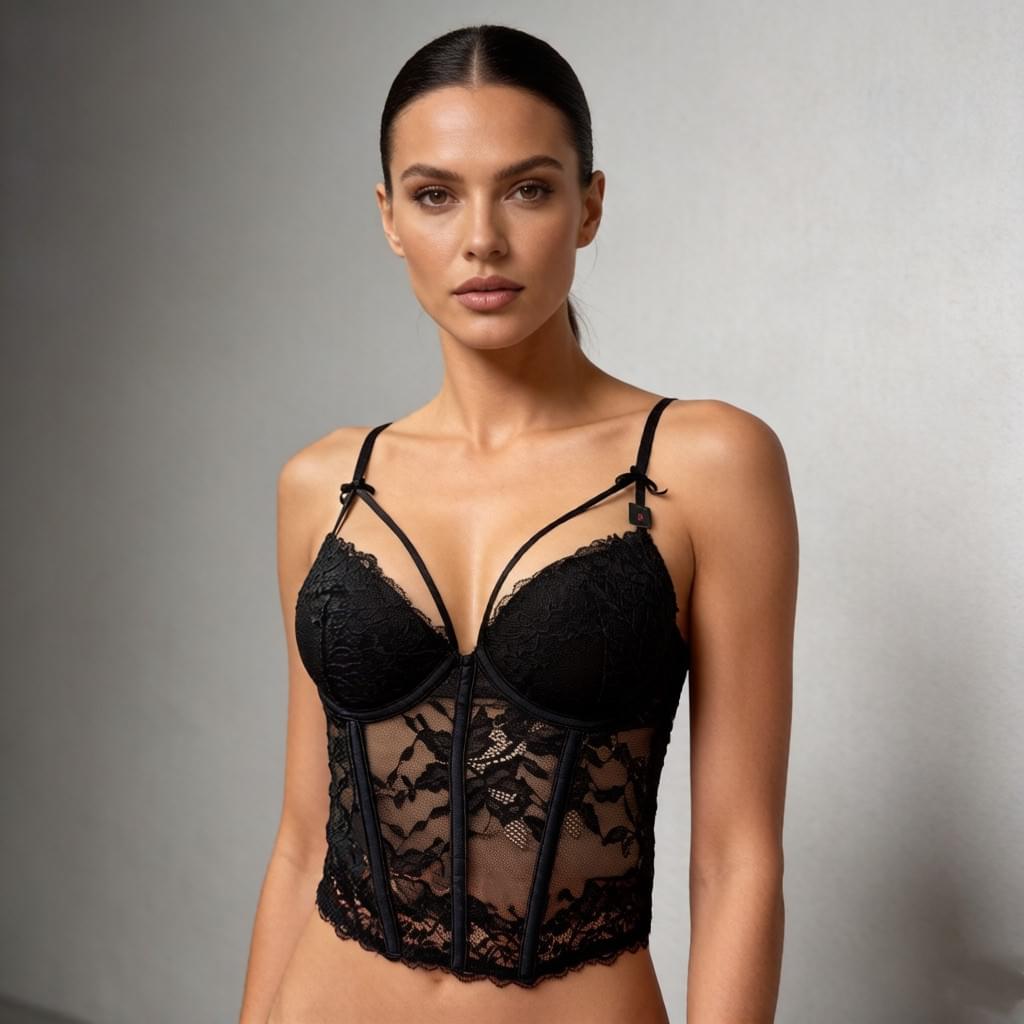 مشد Lingerie من الدانتيل الأسود بتصميم كورسيه أنيق