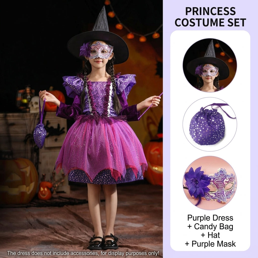 Girls witch costume dress in purple, further view