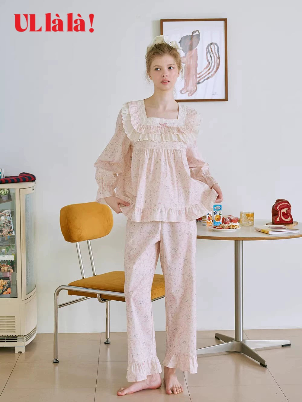 Ullala Korean Imported Square Neck Printed Pure Cotton Pajamas for Women, Long Sleeve, Princess Loungewear Set for Spring and Summer