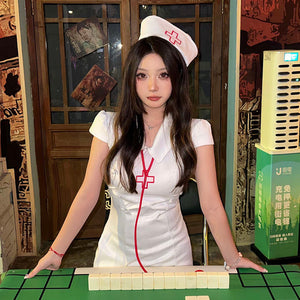 White short-sleeve nurse uniform dress with red cross details and matching cap, styled for Halloween cosplay costumes.
