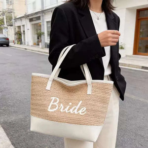 Cross-border Bride Bride straw woven tote bag, large capacity seaside beach bag, bachelorette party woven handbag