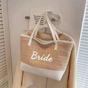 Cross-border Bride Bride straw woven tote bag, large capacity seaside beach bag, bachelorette party woven handbag