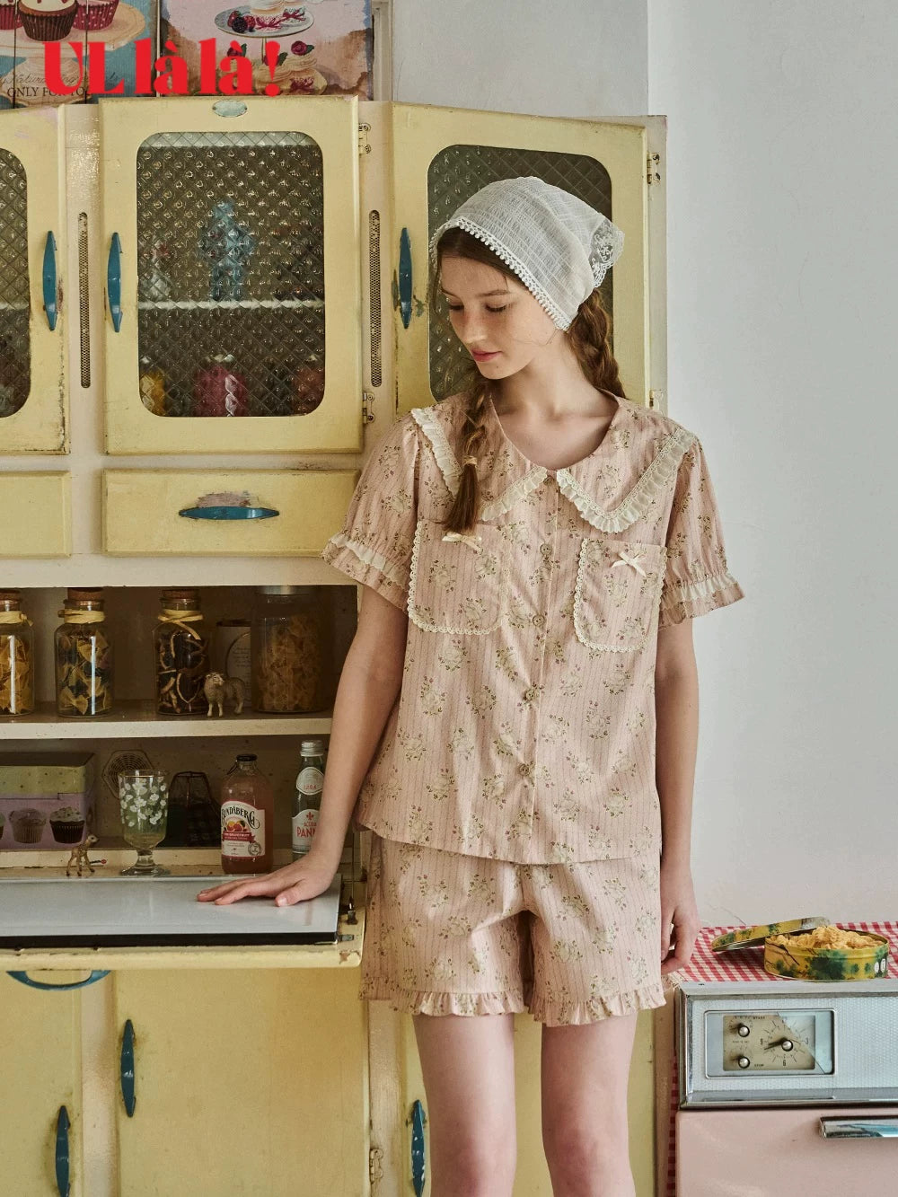 Ullala [Annie collaboration] Korean sweet floral doll collar pajamas for women, summer thin pure cotton loungewear set